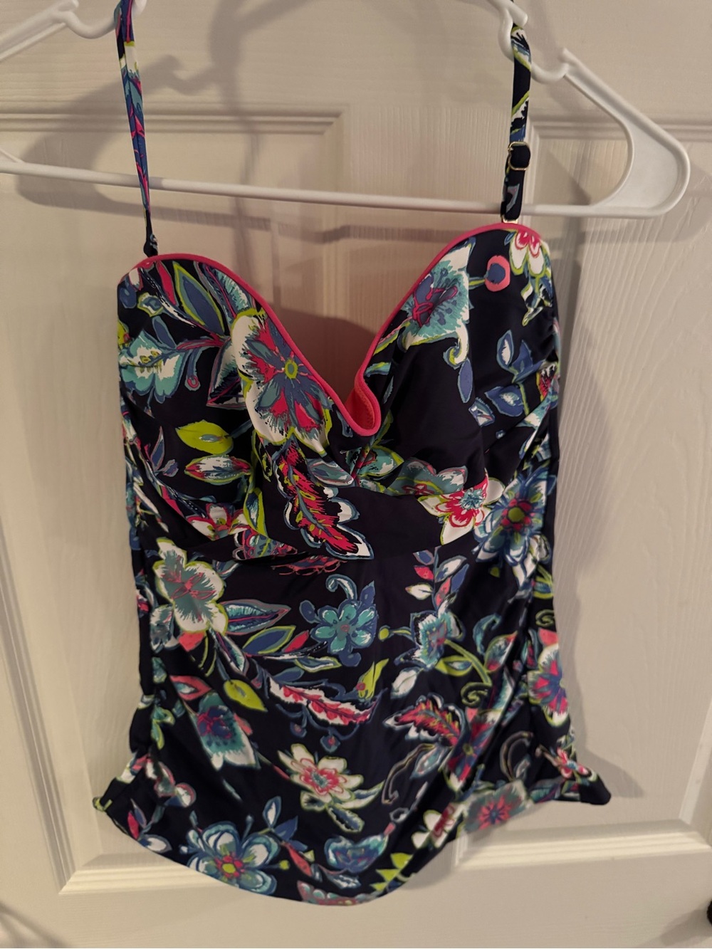 Anne Cole Navy Floral Sweetheart Tankini Top with Pink Trim, XL